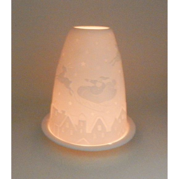 Lithophane Fairy Lamp Santa Claus Reindeer In Flight White Bisque Candle Holder - Picture 7 of 8